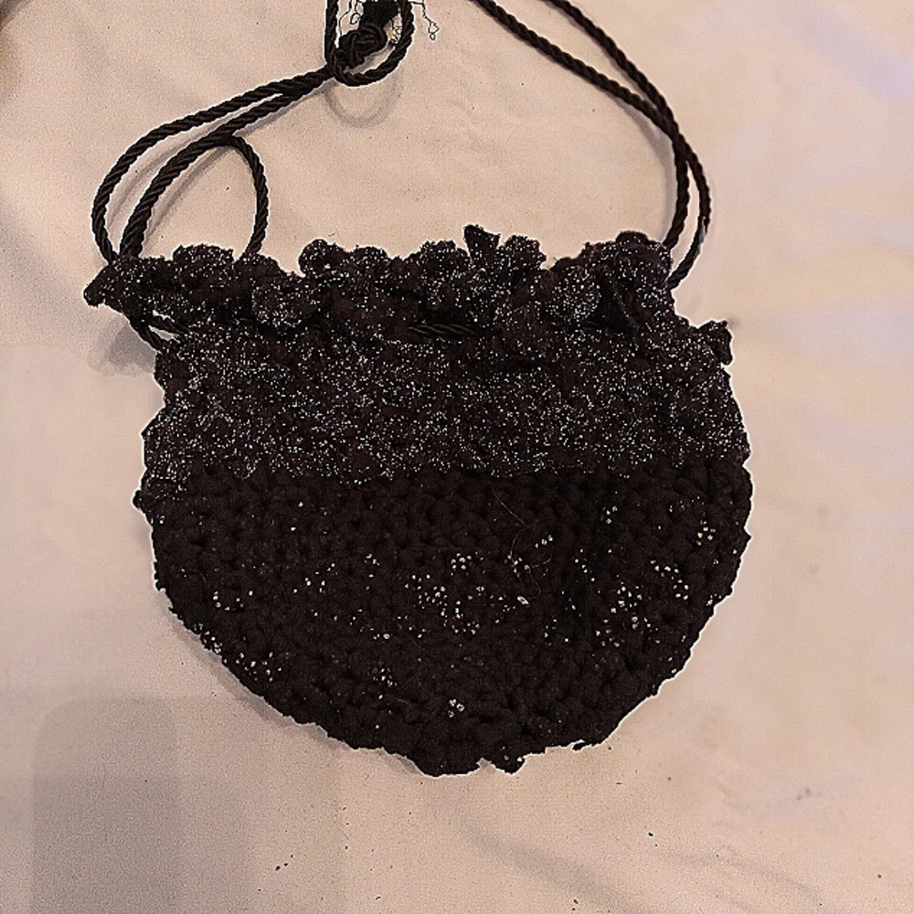Hand made Elegant Black & silver Crochet Bag with Drawstring strap